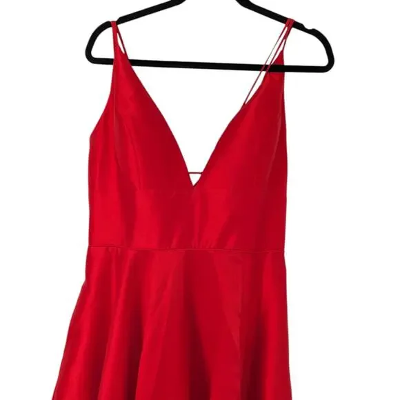 Sherri Hill Red Satin A-Line Gown Size 16  Deep V Neck, Leg Slit, Lace-Up